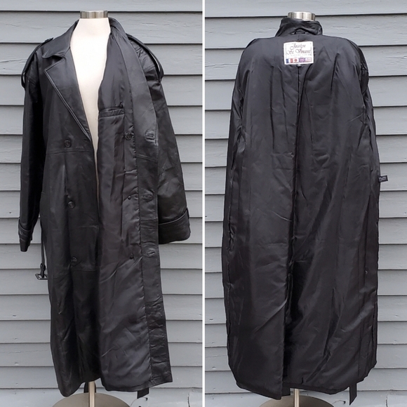 Vintage 90s y2k Vampire Black Leather Double Breasted Belted Trench Coat XL - Picture 2 of 6
